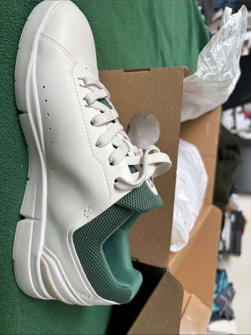 On Running White and Green Women's Sneakers